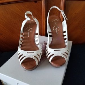 “Striped” Jessica Simpson White Heels